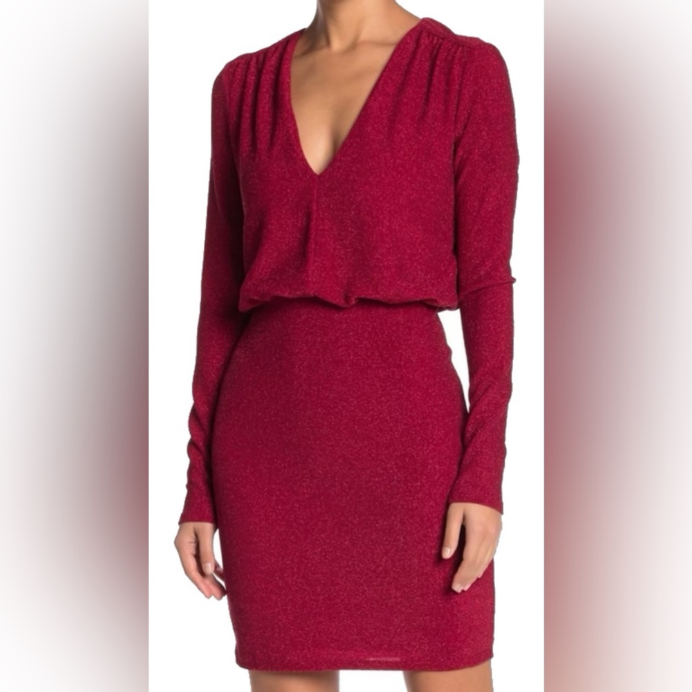 Bebe Red Glitter Long Sleeve Blouson Lurex Mini Dress